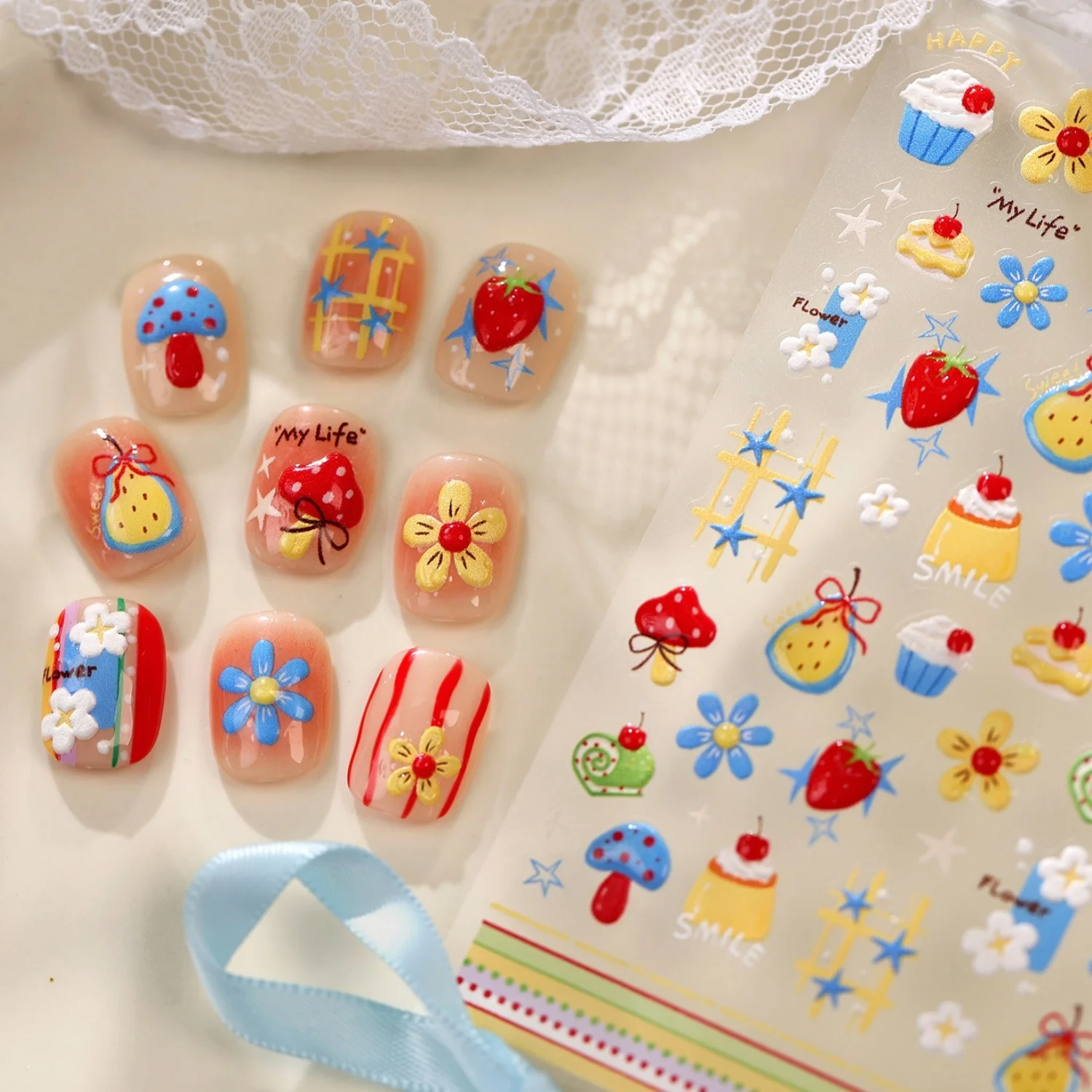 Cartoon Rotating Carousel Apple Plaid Star Cherry Bow 5D Nail Art Stickers Self-Adhesive Nail Decals Manicure Decor for Girls