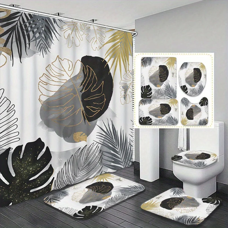 

4pc White and gray floral and leaf pattern bathroom set, shower curtain, U-shaped mat, non-slip mat, toilet seat cover.