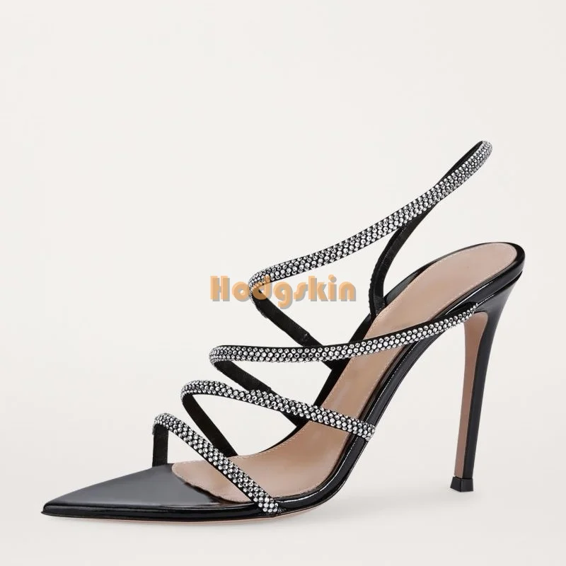 Silver Crystal Strap Stiletto Sandals Solid Fashion Pointed Toe Slip-on Thin High Heels Sandals 2024 Women Party Dress Shoes