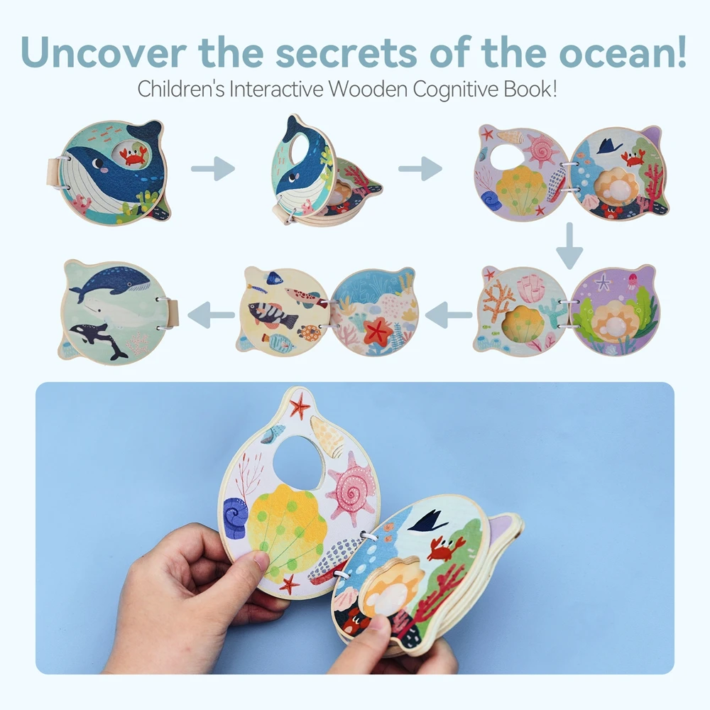 Baby houten boek vroeg educatief speelgoed Verlichtingslezingen Montessori mariene dieren illustratie cognitief boek voor peuter
