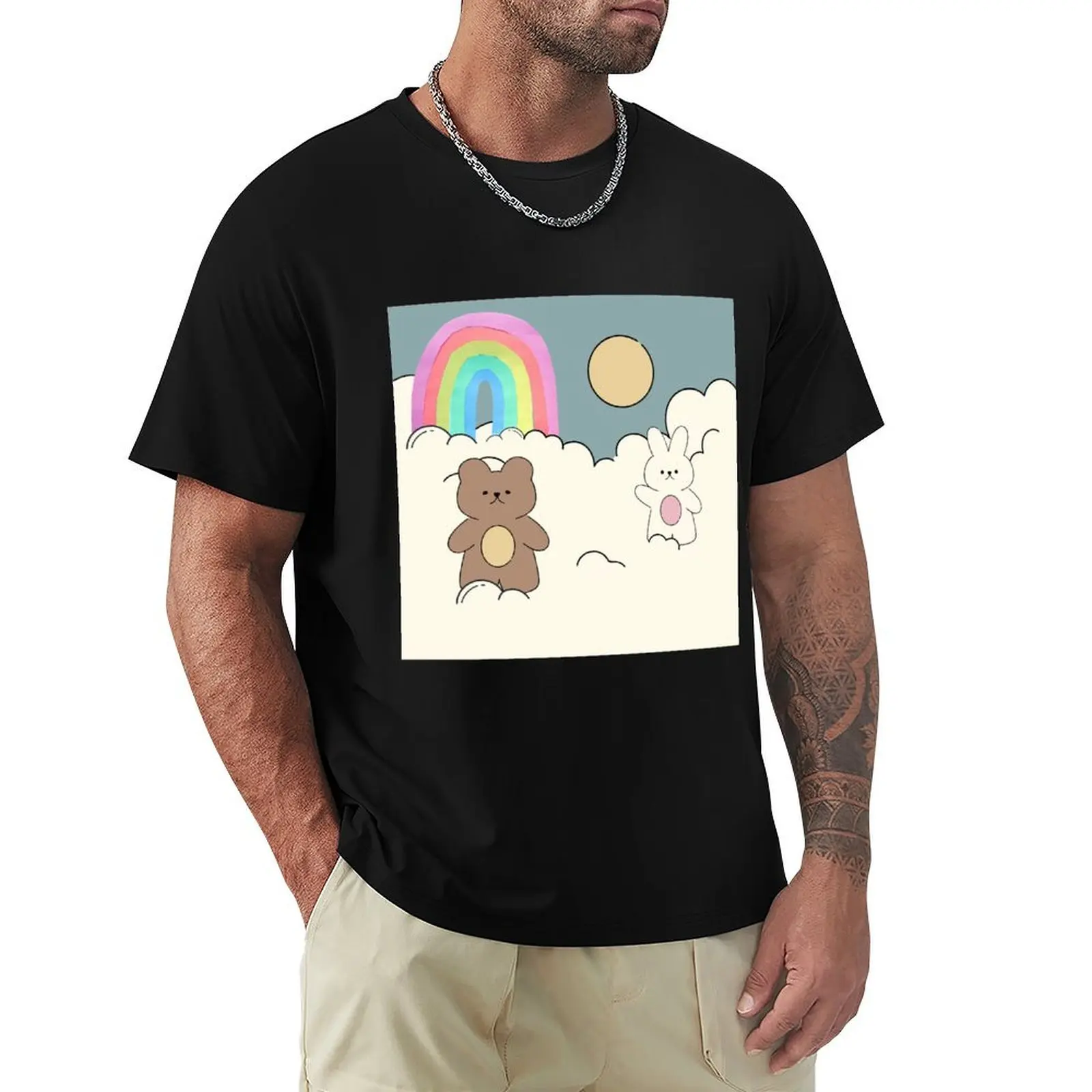 

Cute baby bear and bunny playing in clouds under the sun and rainbow, Easter holidays T-Shirt Street Fashion Casual Tee Shirt