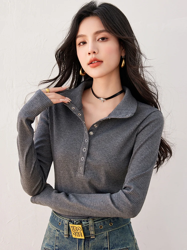 Turn-down Collar Long Sleeve T-Shirt Women 2024 Autumn New Solid Color Niche Design Sense Pullover Slim Fit Tops