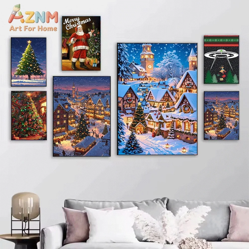 Cartoon Paper Cut Style Santa Claus Christmas House Tree Canvas Wall Art Print Poster Unframed Canvas Painting Home Living Roo