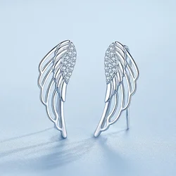 YILUOCD 925 Silver Plated CZ Angel Wings Earring Cubic Zirconia Feather Climber Hoop Earrings for Women Crystals Sweet Jewelry