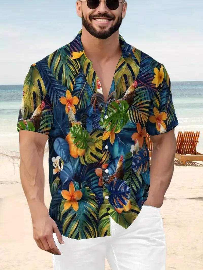 

Men's Neon Rooster Print Hawaiian Shirt Short Sleeve Glowing Floral & Butterfly Graphic Button Down Beach Surfing Shirts