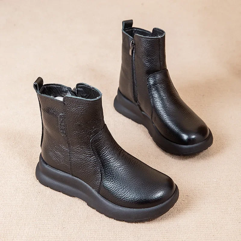 

Women Winter Warm Snow Boots Thick Bottom Round Toe Zipper Genuine Leather Shearling Fur Wool Platform Ankle Boots Lady