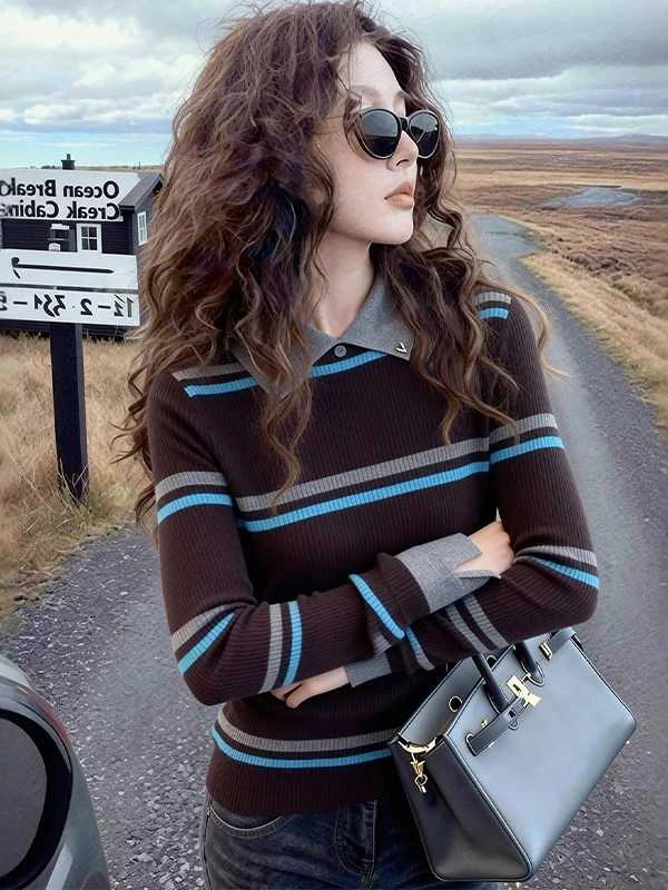 

Slimming Design Striped Knitwear Base Layer Turn-down Collar Inner Wear Beautiful Spring New plus Size Fat MM Top Ladies Faion