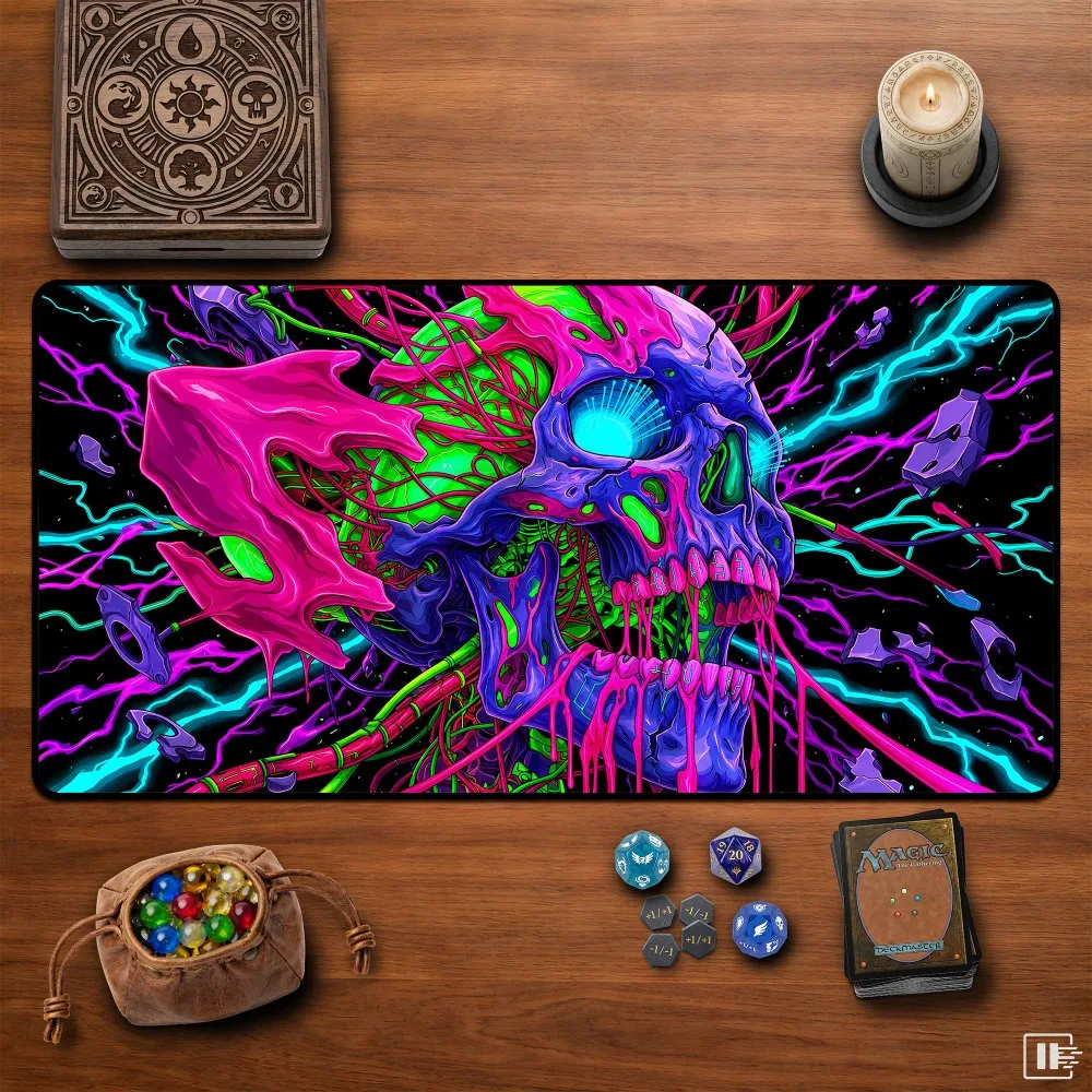 Cyberpunk Skulls Desk Mat Neon Psychedelic Gothic Gamer Mouse Pad Edgy Sci-Fi PC Gaming Vibrant Tech Aesthetic Extended Mousepad