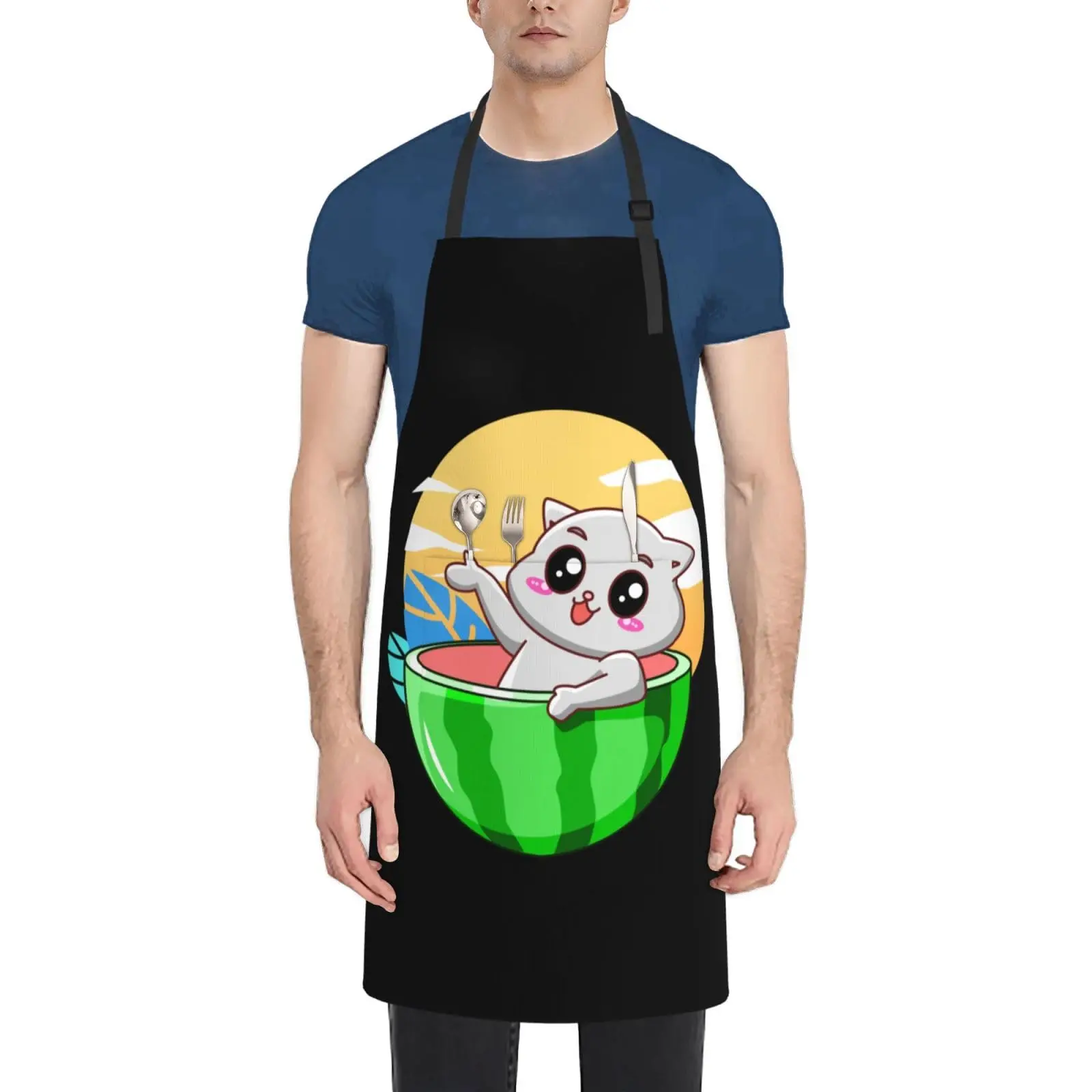 

Cute Cat And Watermelon Apron Adjustable Neck Aprons For Men Women With Pockets Waterproof Aprons For Kitchen