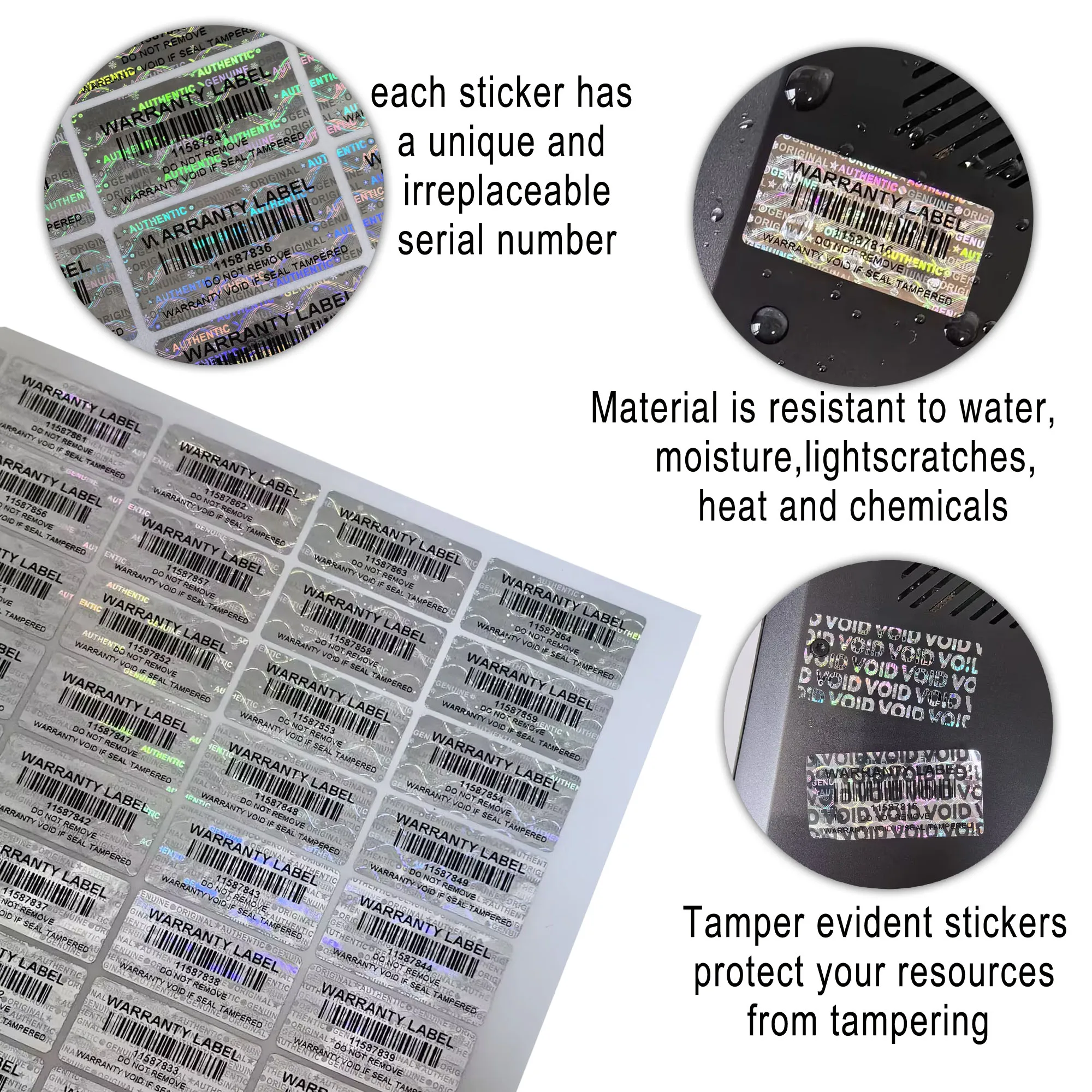 Hologram Anti-Fake Tamper Proof Evident Security Sealing Labels Warranty Void Holographic Stickers with Serial Number Bar Code