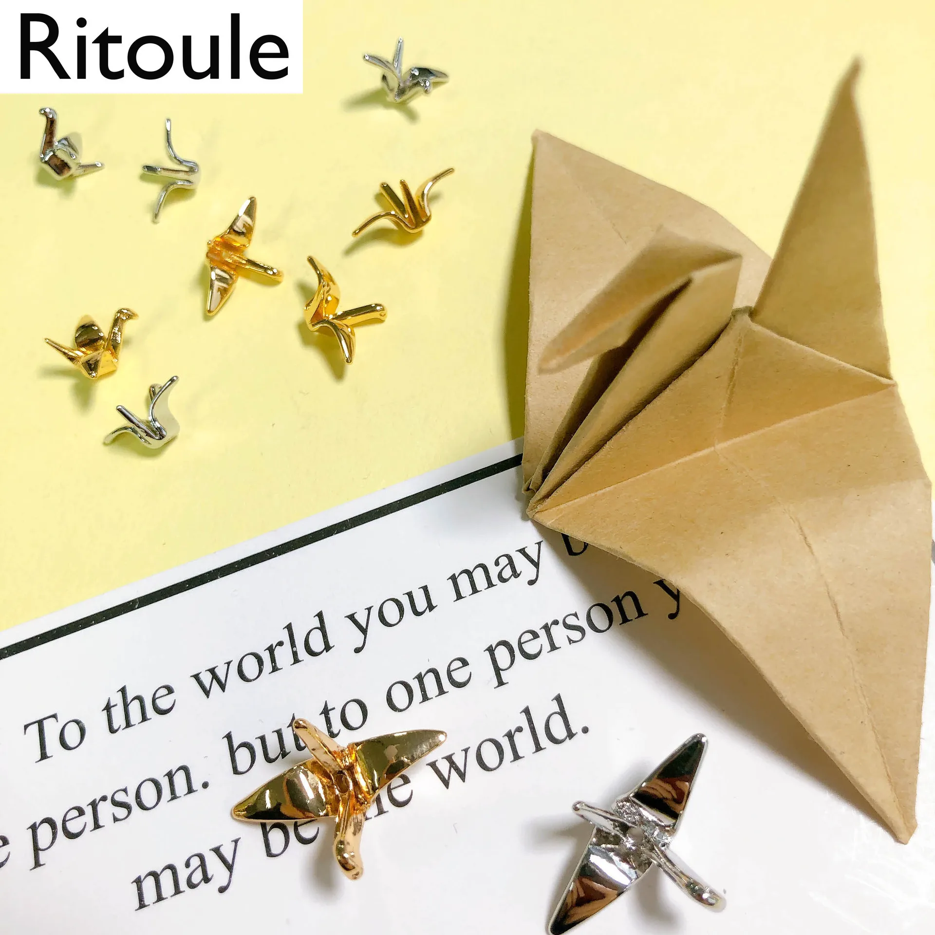 Real Gold Plated Copper 3D Single Hole Paper Crane Charms, DIY Jewelry Pendants for Earrings Dangles Accessories4PCS