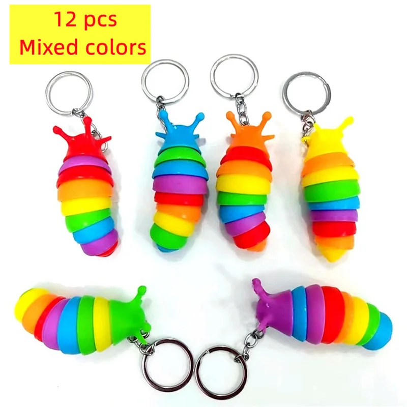 12Pcs Rainbow Slug Caterpillar Mini Key Chain Fidget decompression for Adult Kids Slug Squeeze Toys