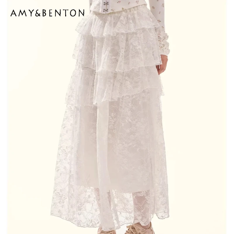 

French Design White Irregular Lace Hollow Out Women's Cake Skirt 2026 Spring Summer Sweet Elegant Versatile Long Skirts Ladies