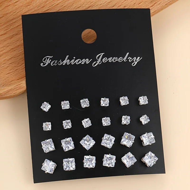 12pairs Exquisite Zinc Alloy Stud Earrings With White Square Cubic Zirconia Inlaid Suitable for Men and Women Daily Wear Jewelry