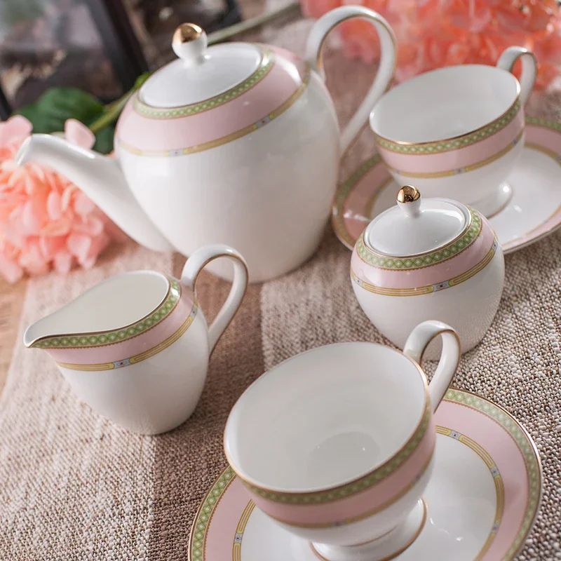 Vintage European Style Ceramic Teapot Tea Cup Set Household Porcelain Pink White Bone China Coffee Cups And Tea Set