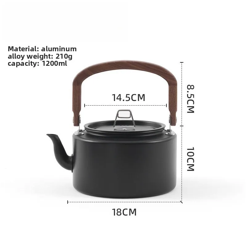 1.2L Lightweight Aluminum Alloy Camping Kettle with Wooden Handle Black And Gray Portable Outdoor Cooking Pot