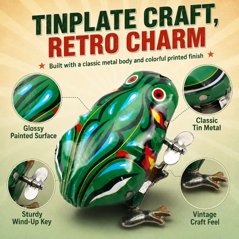Retro Metal Wind‑Up Jumping Frog Clockwork Spring Powered Tin Toy Vintage Collectible Ornament for Desktop Party Display