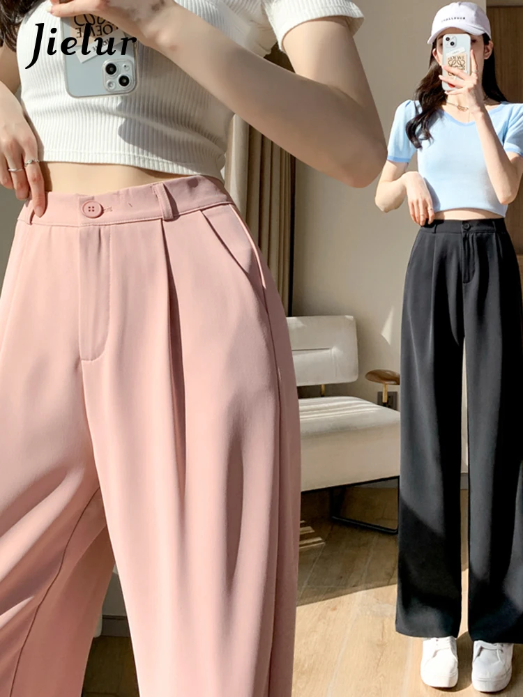 Jielur Suit Pants Women Pockets Straight Casual Loose Fashion Korean Pants New Spring Summer Black Pink Trousers S-XXL