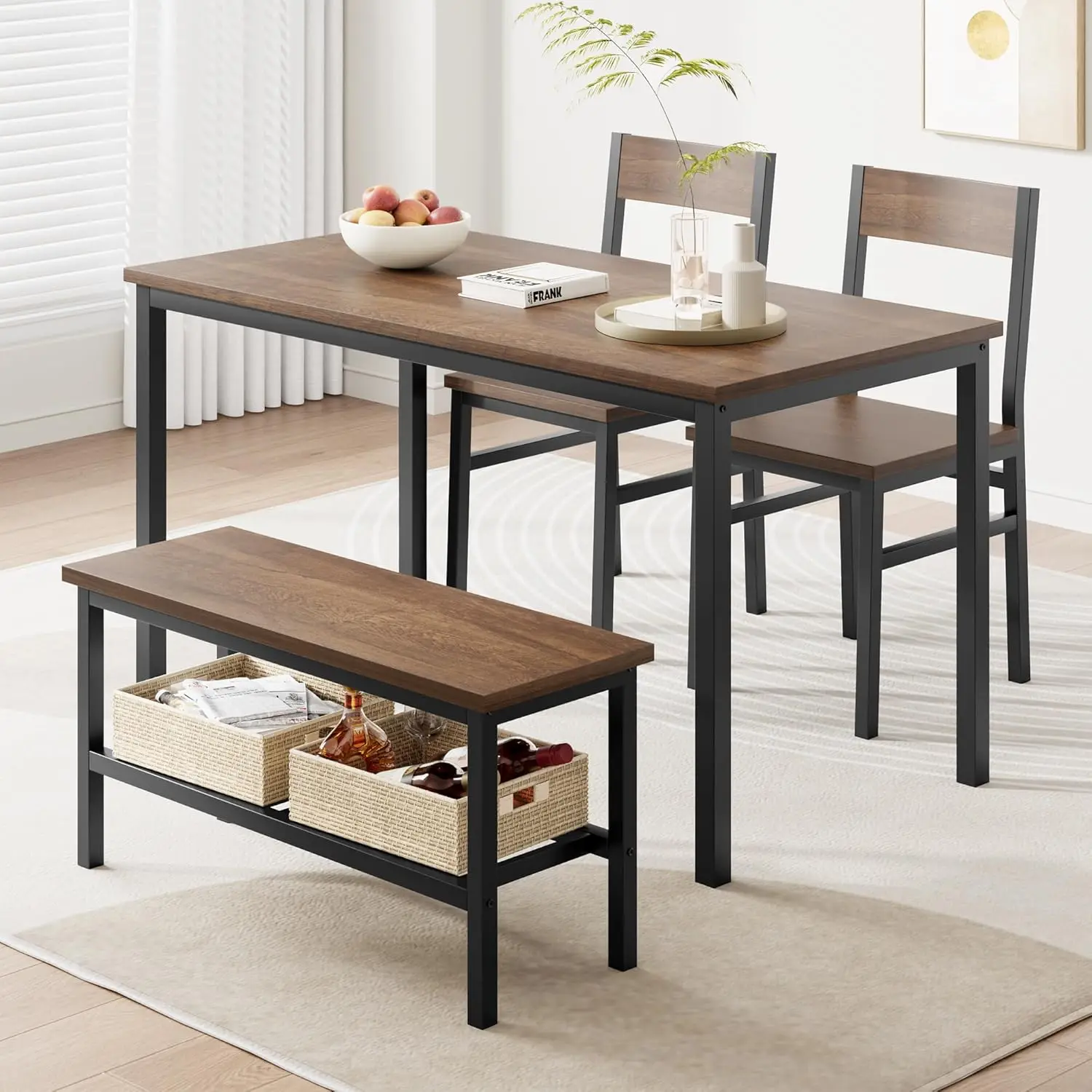 Dining Table Set for 4 Kitchen Table with 2 Chairs and a Bench 4-Person Dining Room Table Set with Storage Rack & Metal Frame