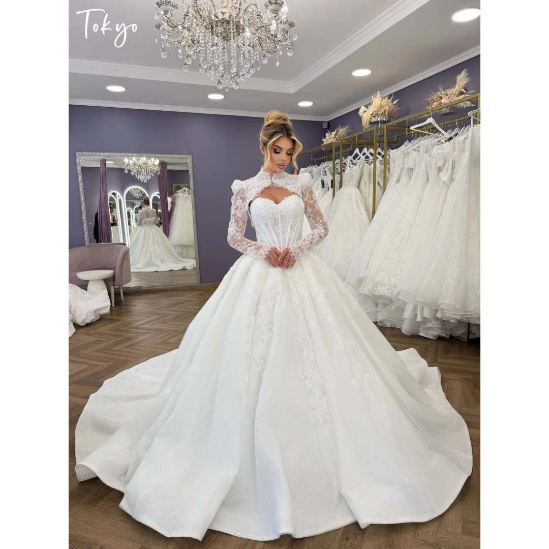 Tokyo Glitter Fabric Ball Gown Wedding Dress Cathedral Train Corset vestidos de noche Lace Embroidery Long Sleeve Formal Evening