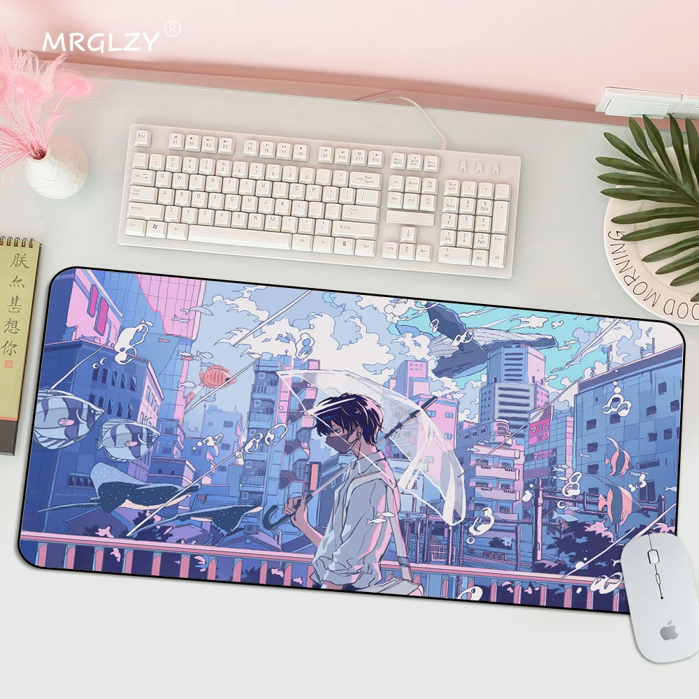 Anime Boys City Mouse Mats Clouds Cityscape Play Mats Kawaii Office Deco Keyboard Mat Gaming Accessories Setup Anti-slip Carpet