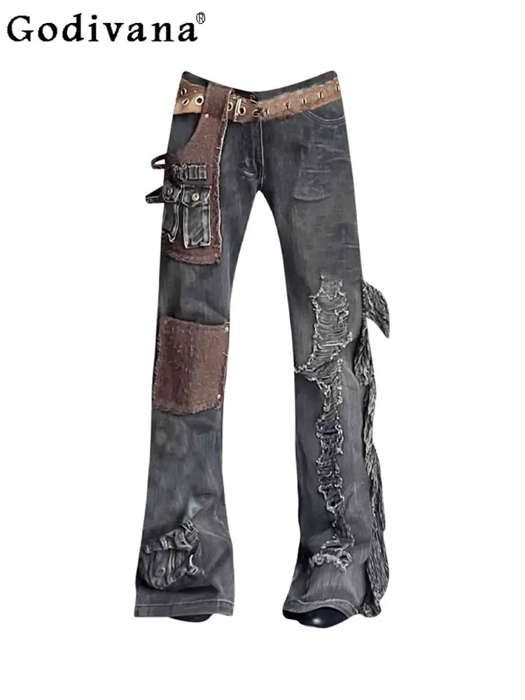 

Large Size American Retro Heavy Industry Patch Splicing Micro-horn Jeans Street Women 2025 New Multi-pocket Loose Trousers
