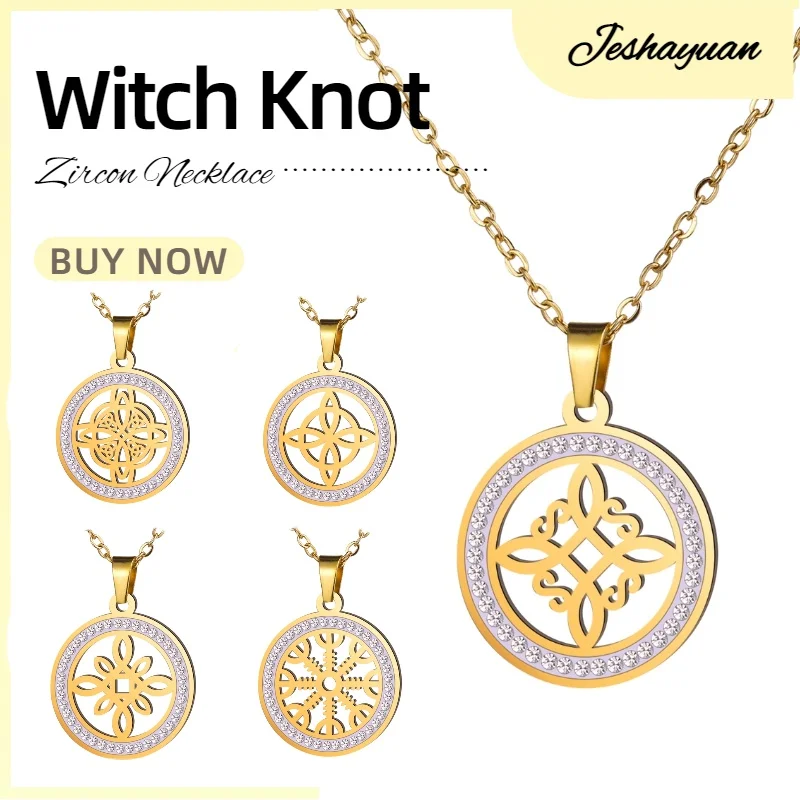 

Jeshayuan Witches Knot Pendant Necklace For Women Stainless Steel Zircon Nordic Viking Compass Men's Necklaces Jewelry Gift