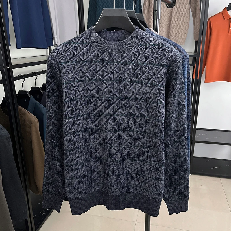 Men's Knitted Sweater Long Sleeve Crew Neck Geometric Pattern Thickened Soft Warm Autumn Winter Classic Fashion Casual Mens Wear