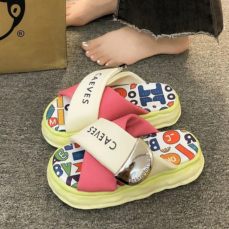 

2024 New Graffiti Platform Slippers Summer Women Soft Bottom Slippers Female Outdoor Non-slip Slides Casual Vacation Beach Shoes