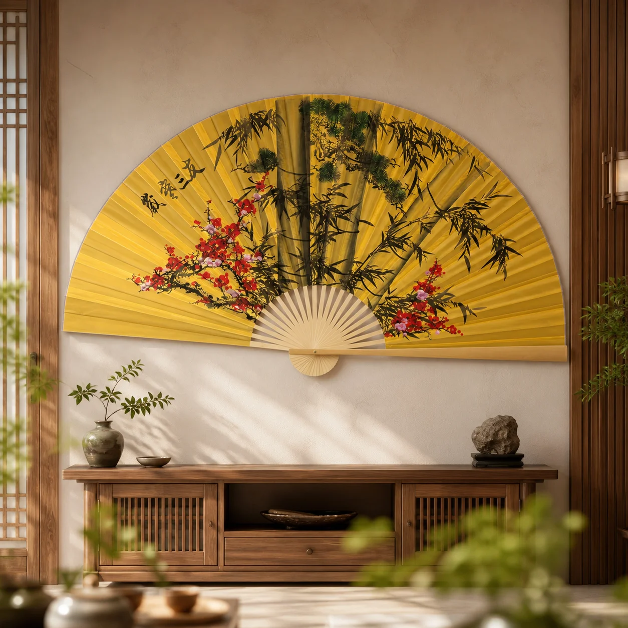 Extra‑Large Chinese Decor Wall Fan, Xuan Paper Ink Painting Art Hand‑Made Bamboo Frame Hanging Fan for Living Room Wall Ornament
