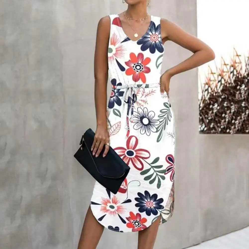 

Loose Fit Dress Floral Print V Neck Sundress Slim Waist Knee Length Midi Dress for Women Elegant Summer Fashion Summer Sundress