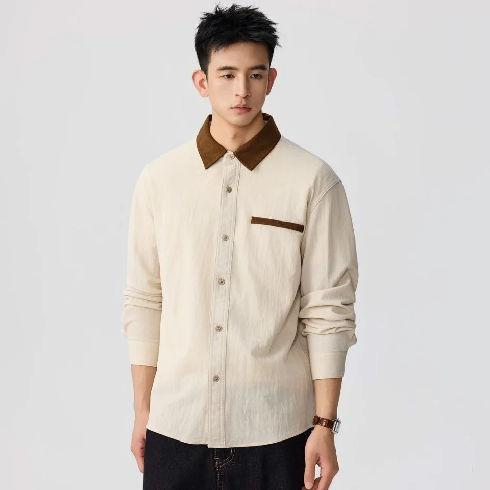

Men's Spring New Splice Fashion Loose Casual Vintage Long Sleeve Commute Shirt Cityboy Oversize Shirts Male Autumn Clothes Tops