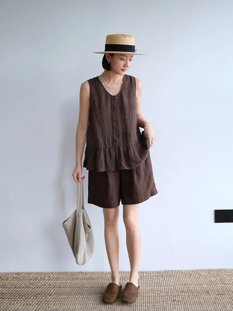Linen Texture Sleeveless Top Bottoms Set Women's Summer Fashion Casual Vest Short Pants Two-Piece Suit round Neck Overhead