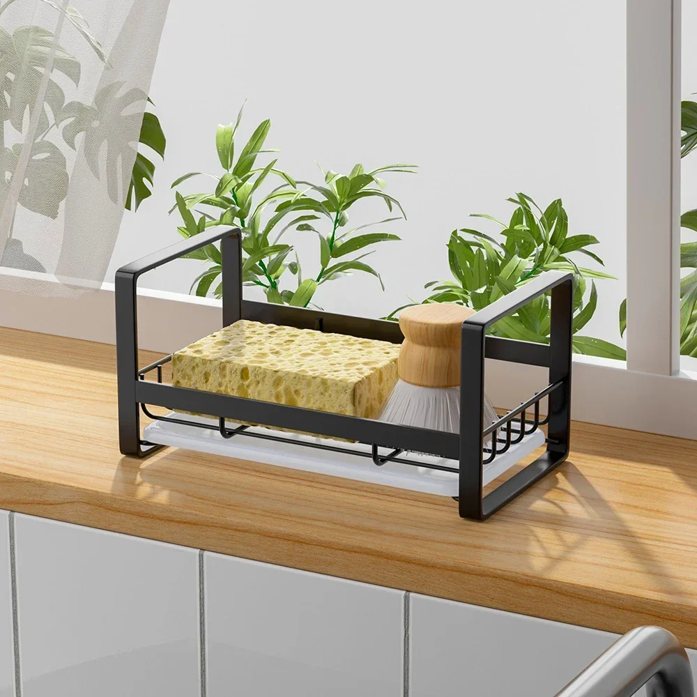 Kitchen Stainless Steel Sponge Holder Sink Rag Racks Stand Cleaning Brush Soap Organizer Black Silver Storage Rack Drain Tray