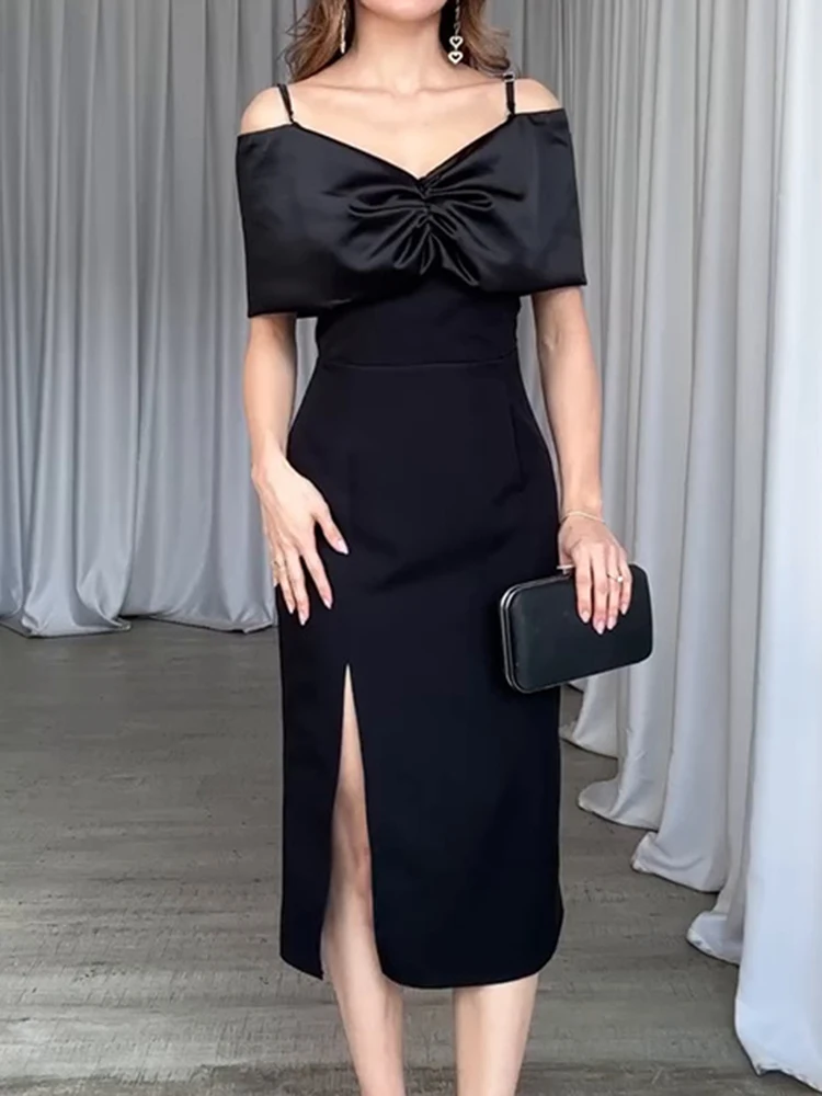 Sukienki z temperamentem, z wycięciami, luksusowe sukienki bankietowe z szalowym kołnierzem, dopasowane, modne satynowe sukienki wieczorowe z odkrytymi ramionami i wysokim stanem.