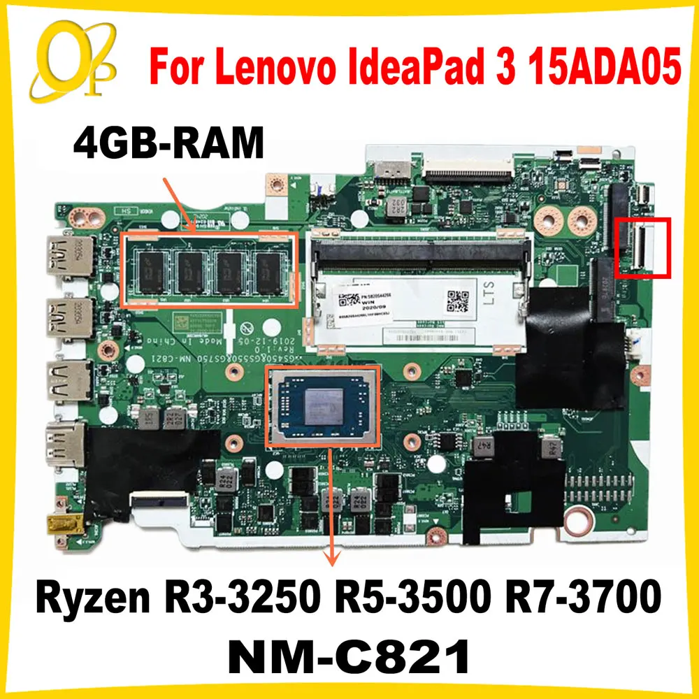 GS450/GS550/GS750 NM-C821 for Lenovo IdeaPad 3 15ADA05 Laptop Motherboard with R3 R5 R7 CPU 4GB-RAM 5B20S44470 DDR4 Fully Tested