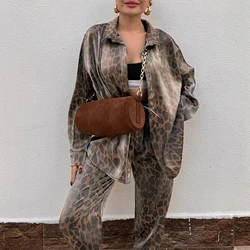 Harajuku Vintage Leopard Print Women Outfits Spring Single Breasted Lapel Shirt and Slim Pants Suit Autumn Long Sleeve Coat Sets