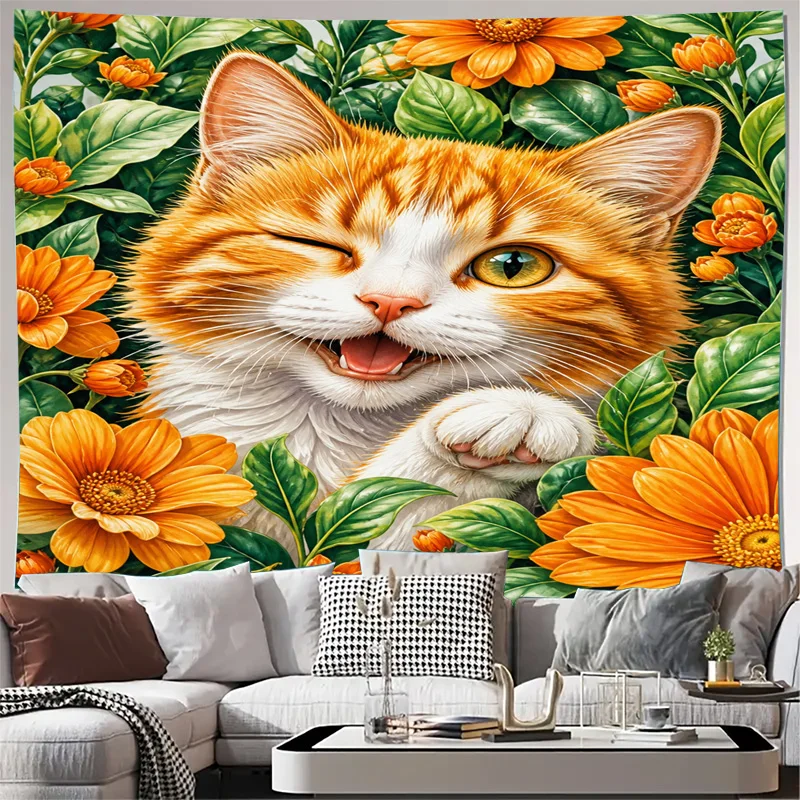 Charming Orange Cat Floral Tapestry Wall Hanging Decor Mural Boho Nature Garden Print Fabric Art for Living Room Bedroom Home