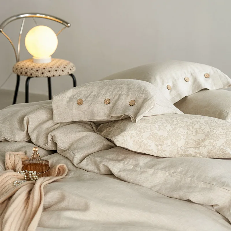

Pure Linen Bedding Set, 1 Button Duvet Cover and 2 Button Pillowcases, Soft and Easy Care Breathable Home Bedding, Queen King