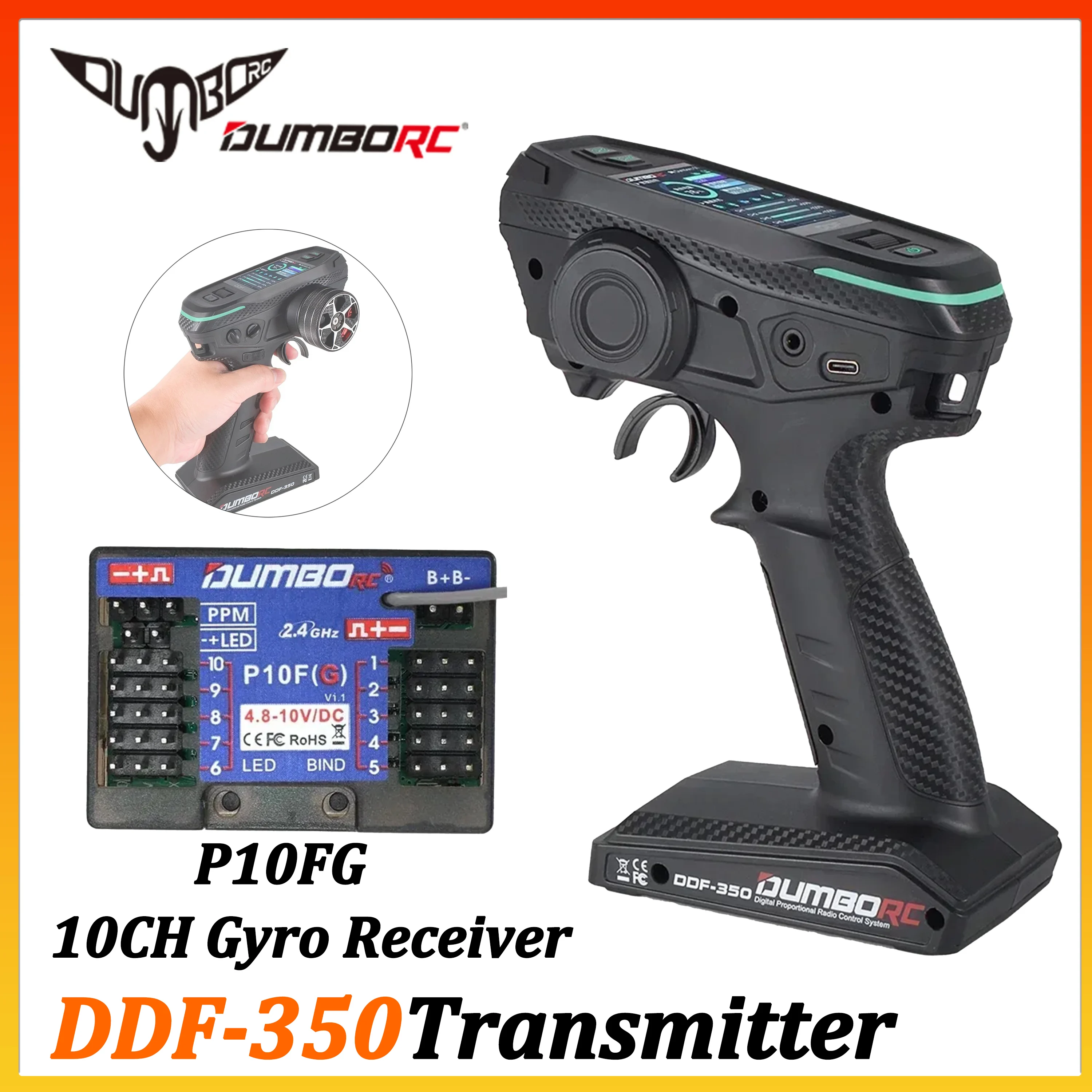 

DUMBORC 10CH 2.4GHz Radio Transmitter DDF-350 Remote Controller with P10FG Gyro Receiver for RC Car Truck Model Wltoys Axial