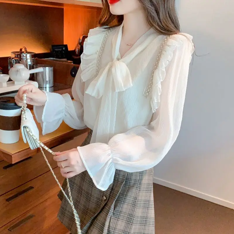 Spring New Women\'s Clothing Korean Fashion Bow Lace Up Elegant Shirt Office Commute Chiffon Blouse Solid Long Sleeve Loose Tops