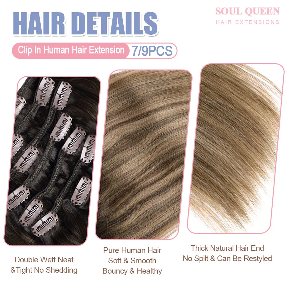 Ekstensi rambut klip asli rambut manusia rambut alami Ombre Highlight Balayage klip lurus mulus dalam ekstensi rambut 7/9 buah