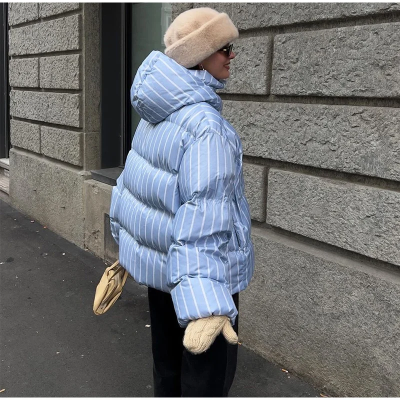 2026 Winter Autumn Stripe Cotton Padded Jacket For Women Warm Long Sleeve Zipper Hooded Coats Lady Street Chic Outdoor Outerwear