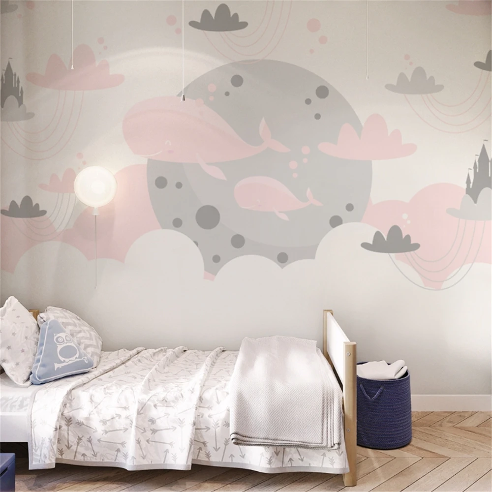 custom Pink Whale Cloud Wallpaper for wall stickers for kids rooms Cartoon Wall paper 3D wallpapers for living room decoraction