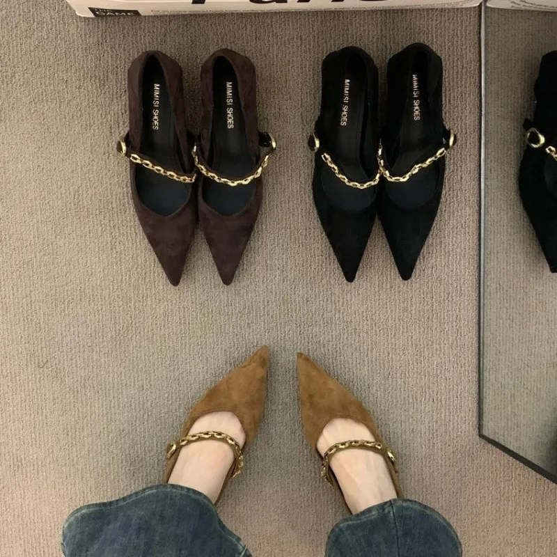 

Vintage Chain Fashion Pointed Toe Mary Jane Shoes, Spring and Autumn New Low Heeled Shallow Mouth Single Strap Shoes for Women