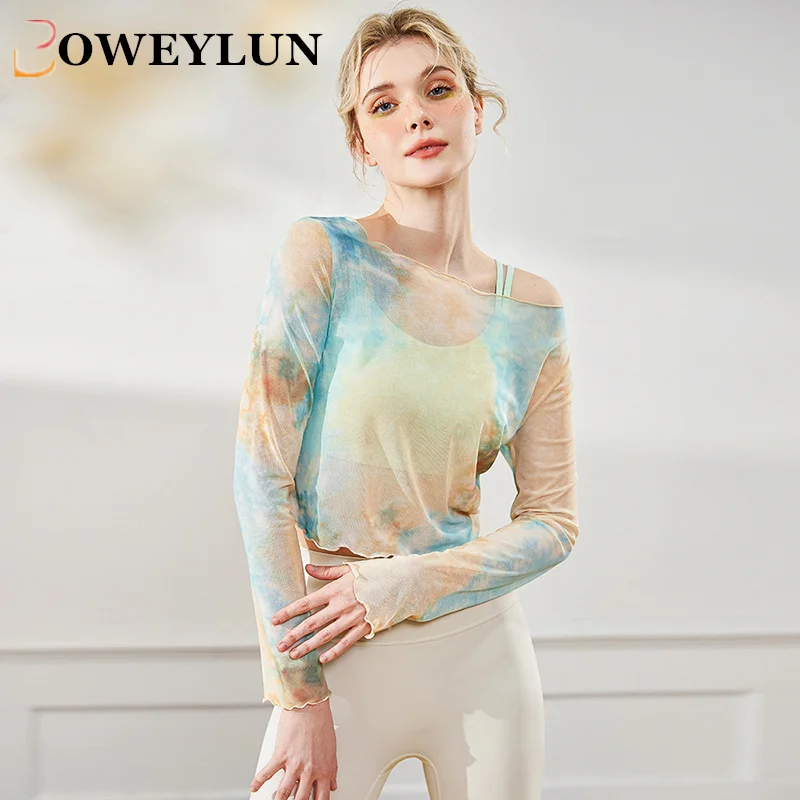 BOWEYLUN New Long-sleeved Mesh Tie-dye Yoga Clothing Women Fitness Loose and Thin One-shoulder T-shirt Female