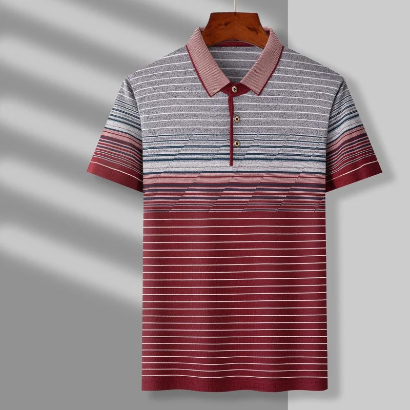 2023 Summer New Fashion High End Middle Age Business Casual Men\'s Clothing Short Sleeve Lapel Striped Printed Thin POLO Shirt