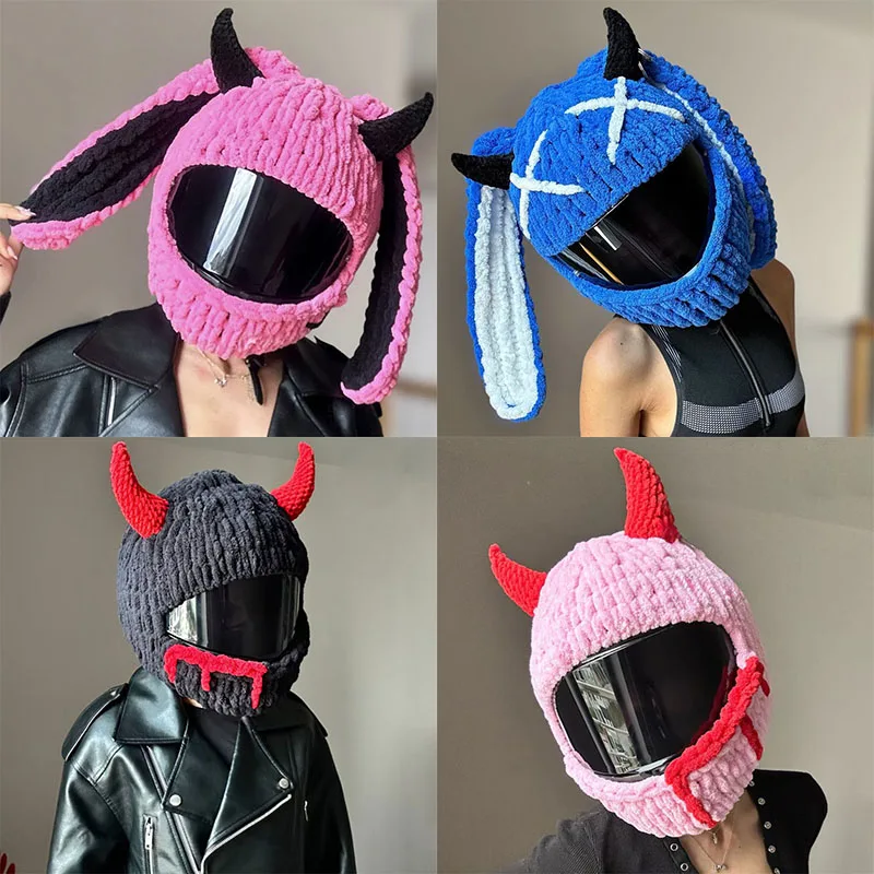 Trendy Devil's Horns Motorcycle Helmet Headgear Cover Creative Cartoon Knitted For Motocross Full-Face Protective Helmets Case