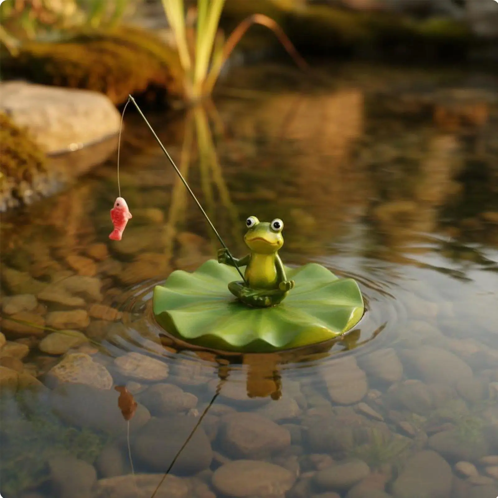 Fishing Frog Figurine Artisanal Look Floating Frog Statue for Patio