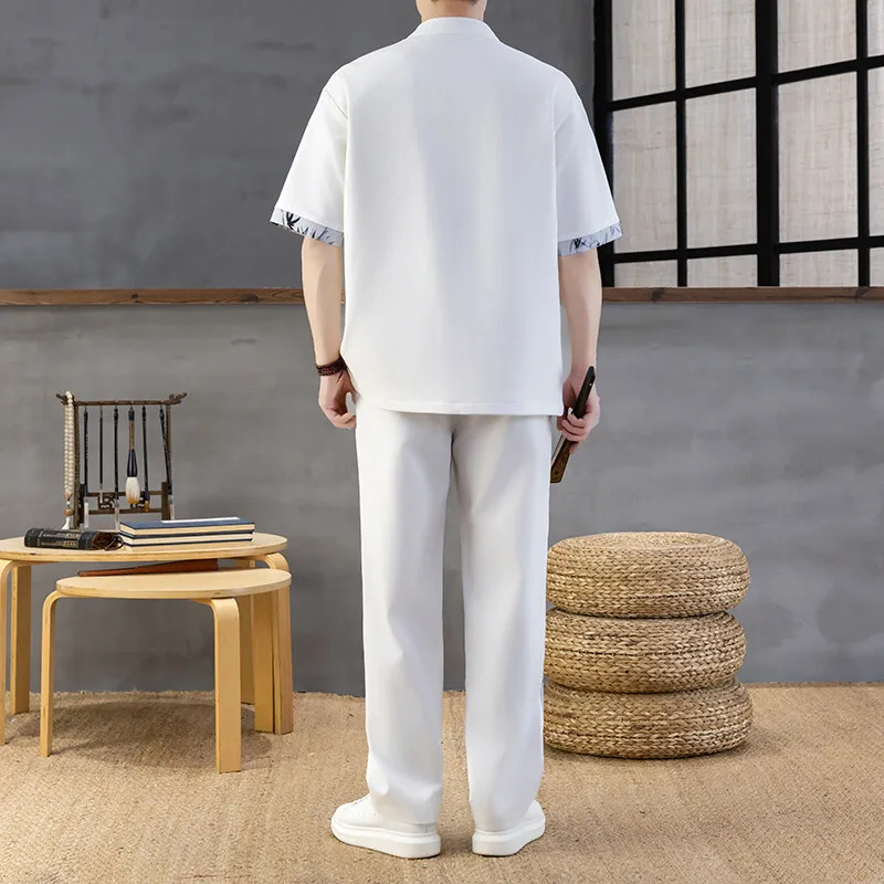 الرجال أزياء الصيف جديد تانغ دعوى عارضة النمط الصيني المطرزة قمصان بانت 2 قطعة ملابس رياضية القطن الكتان مجموعات